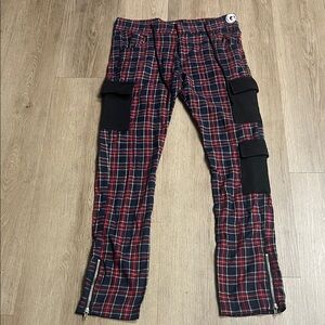 Men's George Olivier Slim Fit  Plaid Cargo Pants - Red and Blue